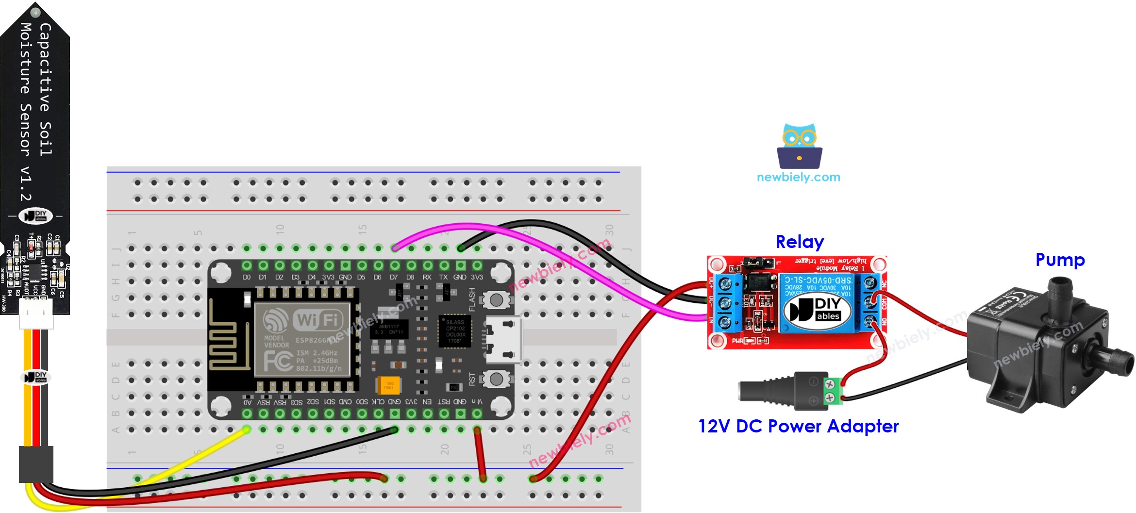 Diagrama de ligação do sensor de umidade do solo e bomba com ESP8266 NodeMCU