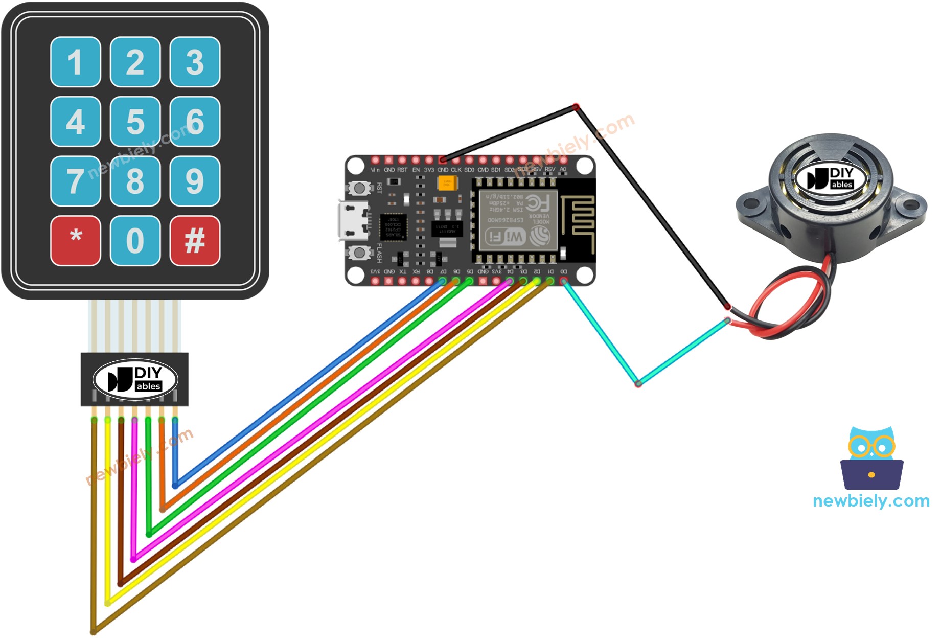Diagrama de ligação do teclado e buzzer piezo com ESP8266 NodeMCU