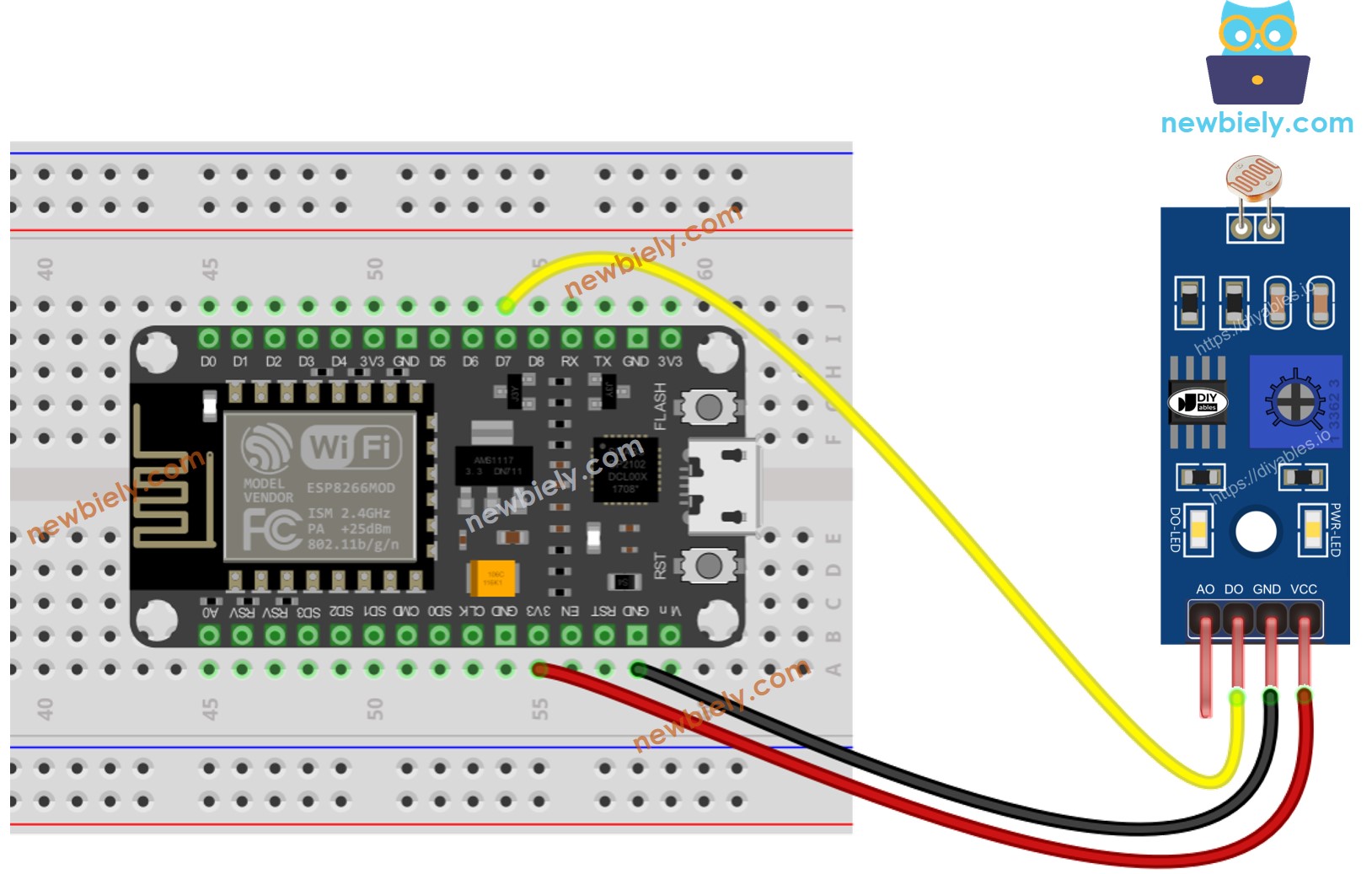 Diagrama de ligação do módulo sensor de luz LDR com ESP8266 NodeMCU