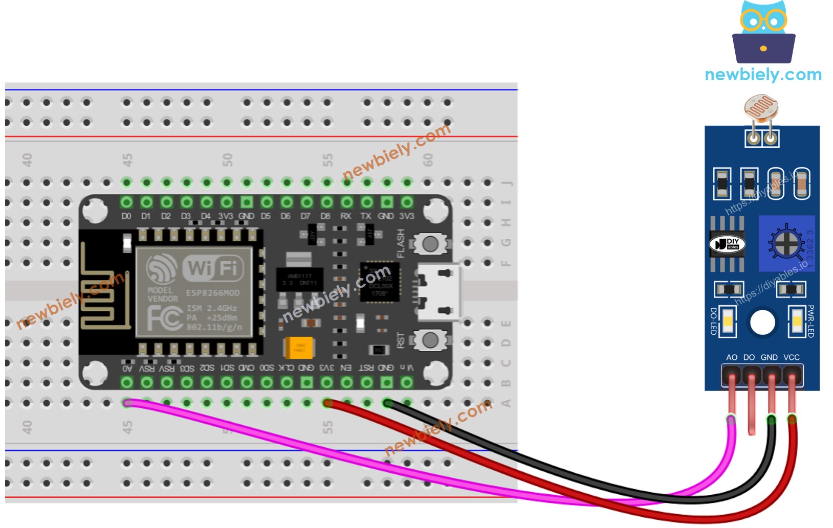 Diagrama de ligação do módulo LDR com ESP8266 NodeMCU