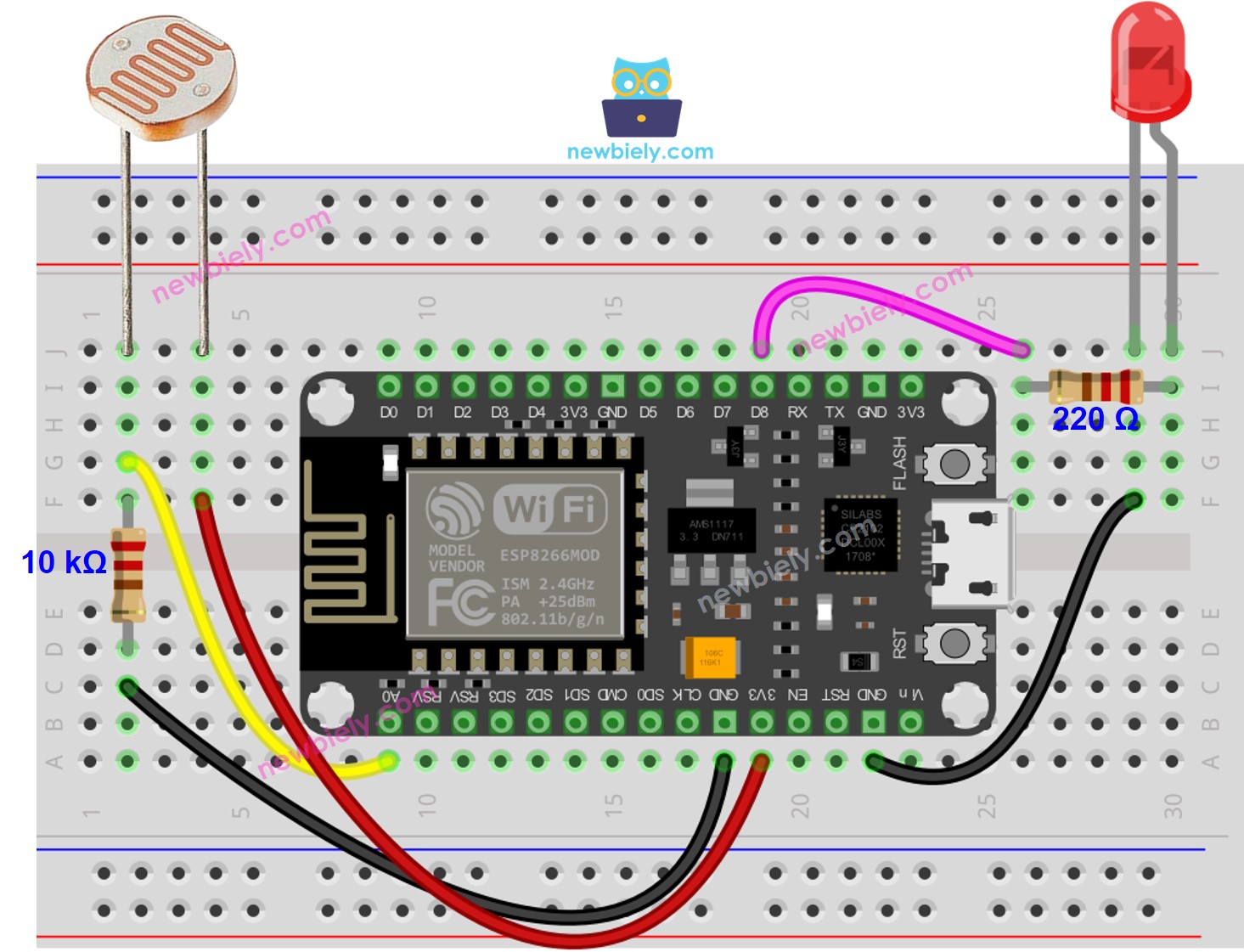 Diagrama de ligação do sensor de luz com LED e ESP8266 NodeMCU