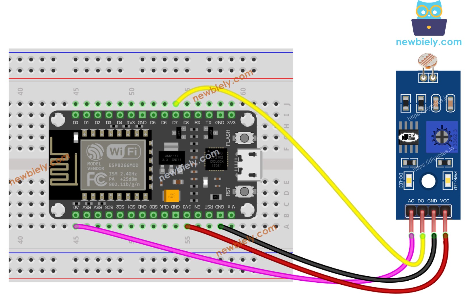 Diagrama de ligação do módulo sensor de luz com ESP8266 NodeMCU