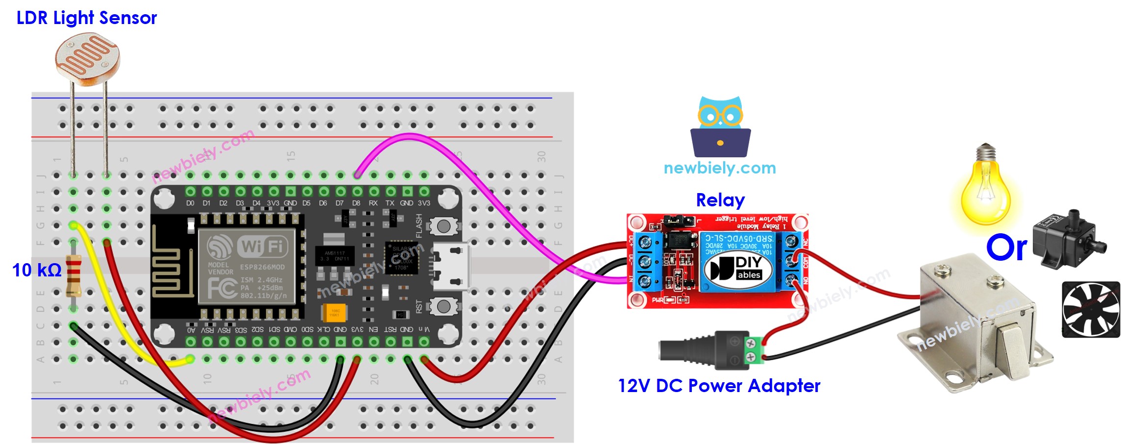 Diagrama de ligação do sensor de luz, relé e lâmpada com ESP8266 NodeMCU