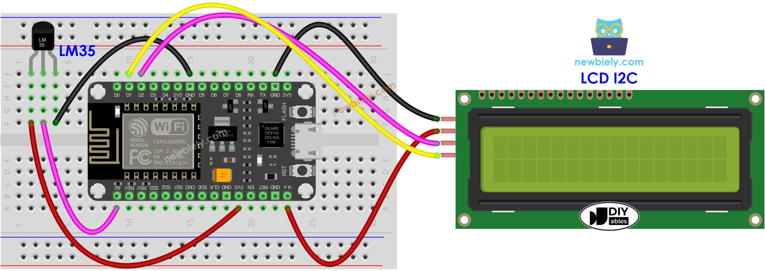ESP8266 NodeMCU LM35 Sensor de Temperatura LCD diagrama de ligação