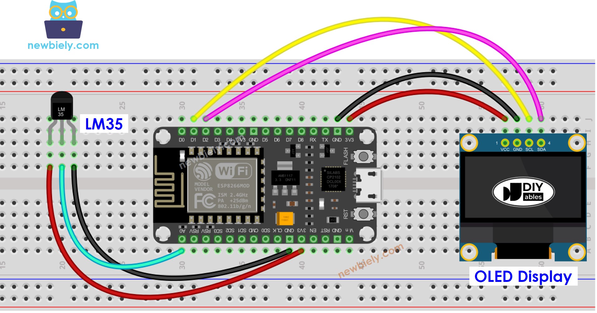 ESP8266 NodeMCU LM35 Sensor de Temperatura OLED diagrama de ligação