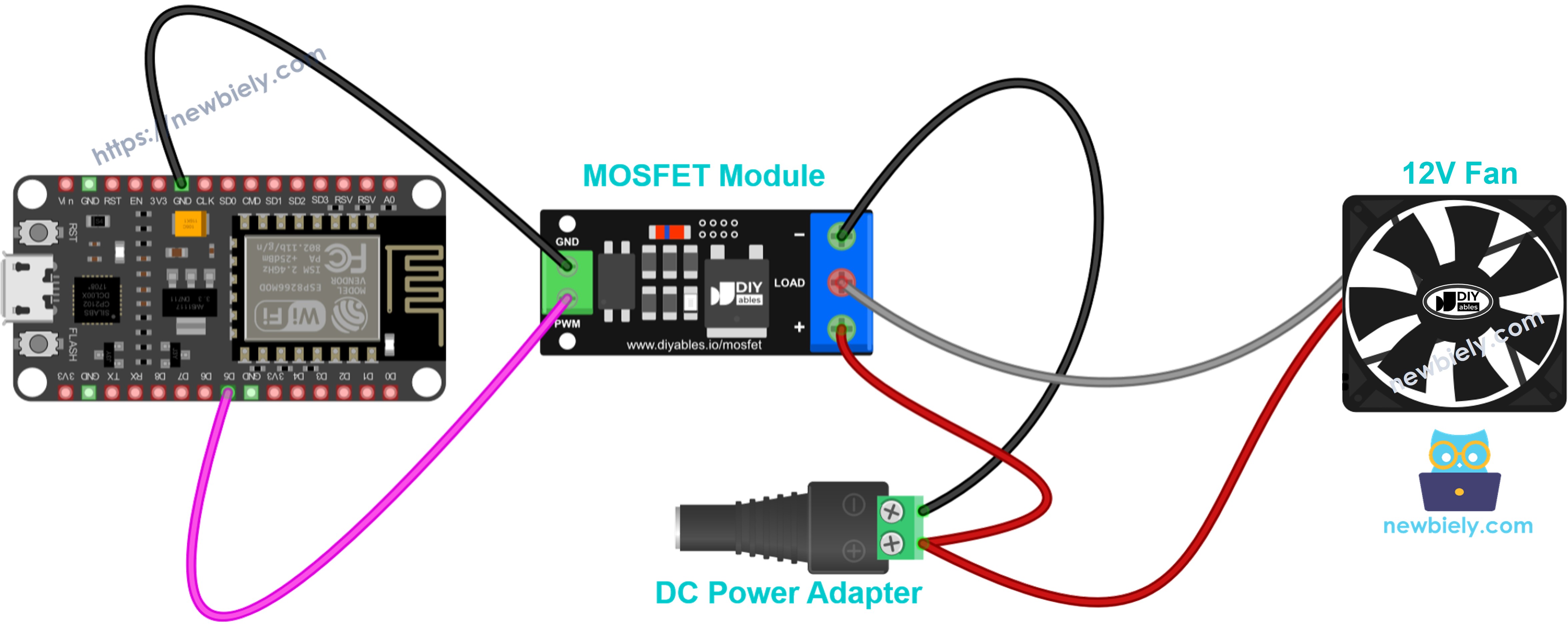 Diagrama de ligação do ventilador de refrigeração com módulo MOSFET e ESP8266 NodeMCU NodeMCU