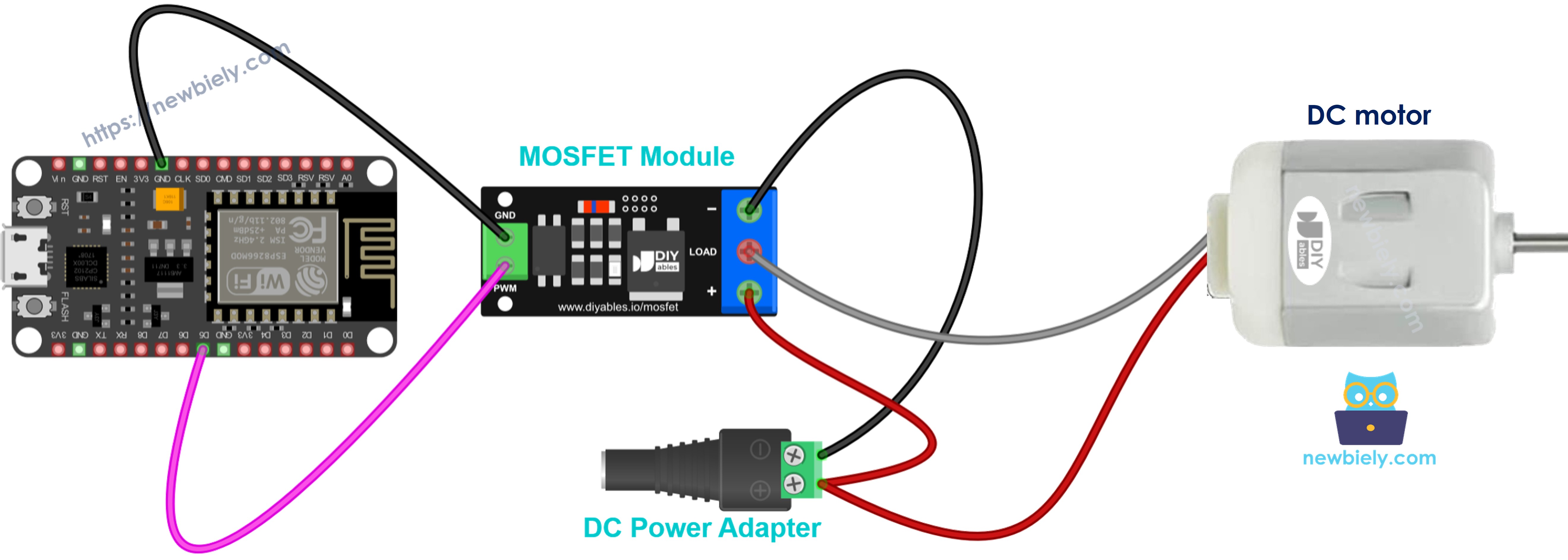 Diagrama de ligação do módulo MOSFET com um motor DC de 12V