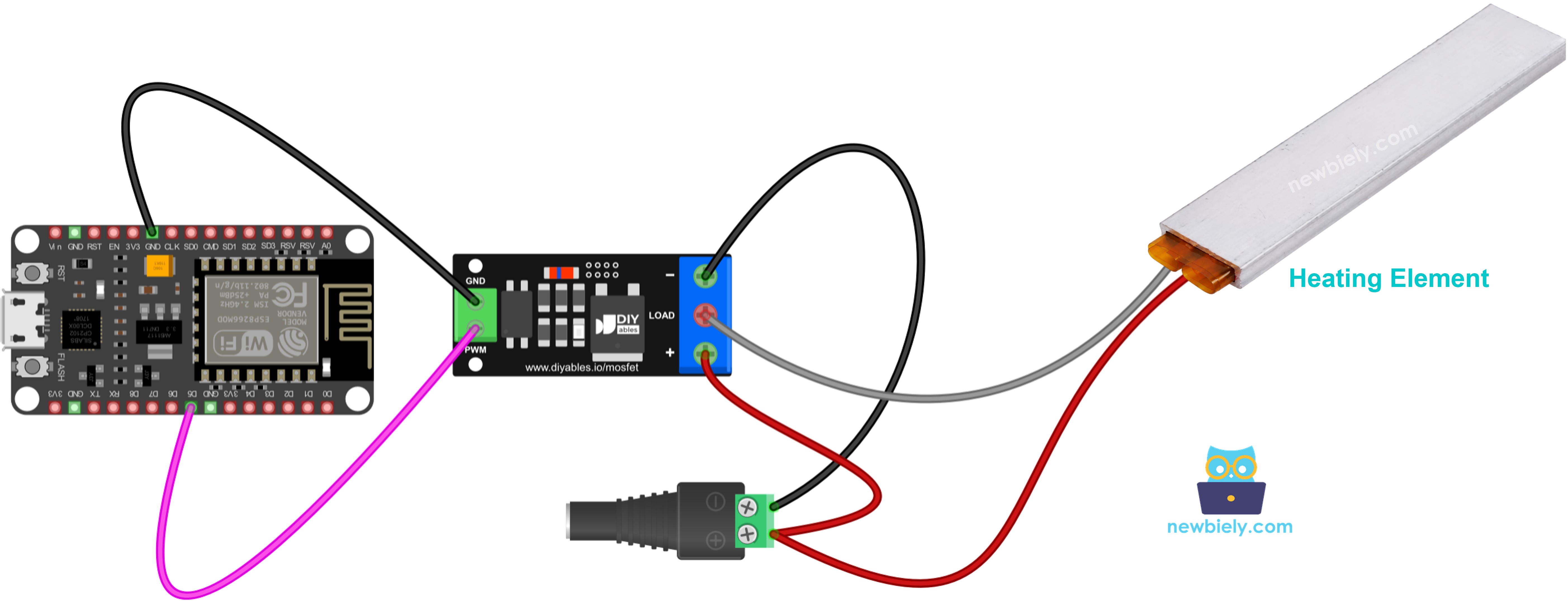 Diagrama de ligação do elemento de aquecimento com módulo MOSFET e ESP8266 NodeMCU NodeMCU