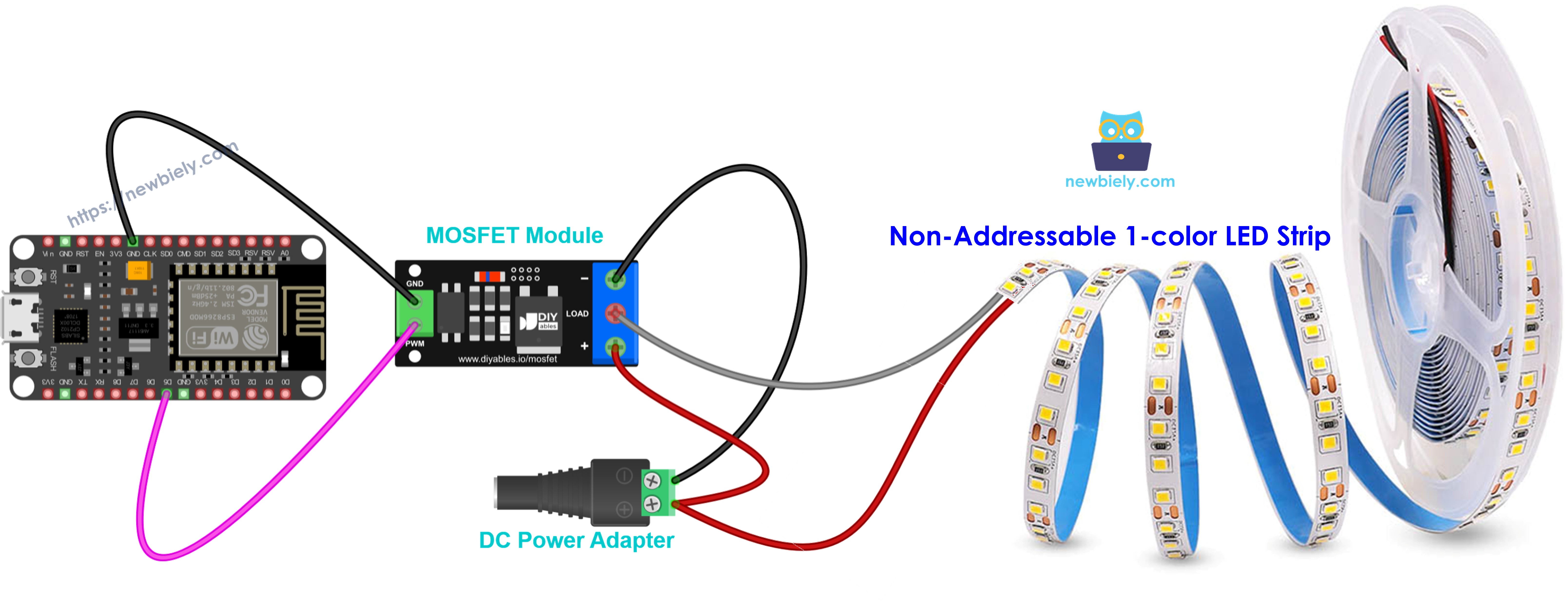 Diagrama de ligação do módulo MOSFET para uma fita LED de 12V de cor única