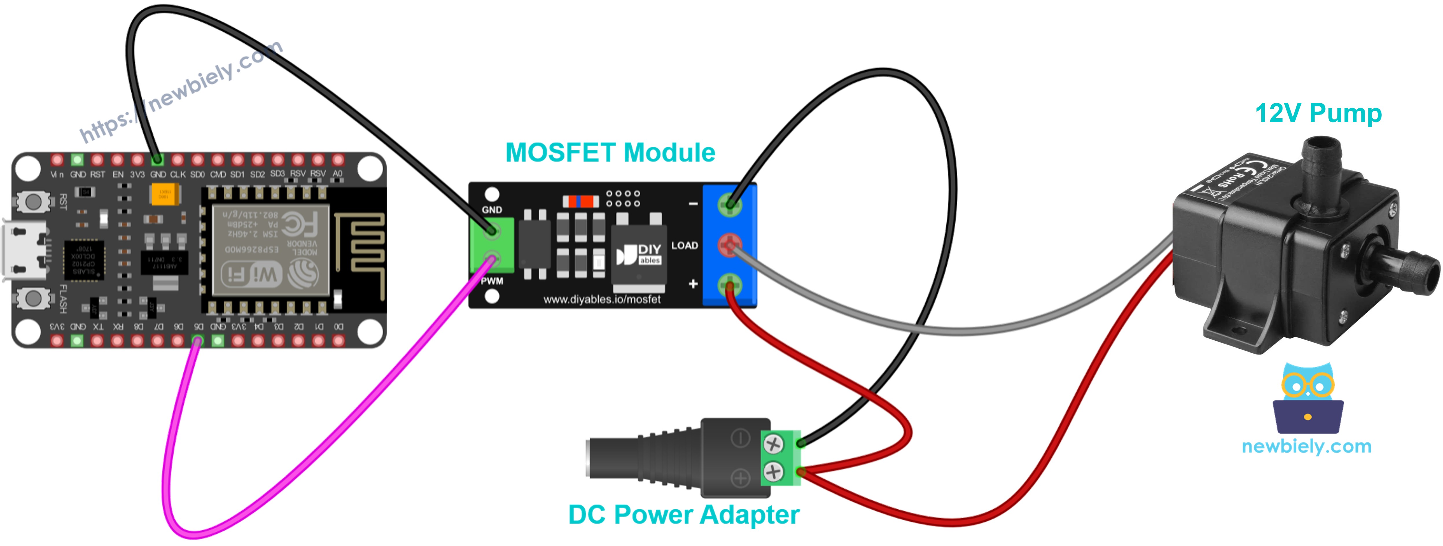 Diagrama de ligação do módulo MOSFET com bomba de água de 12V