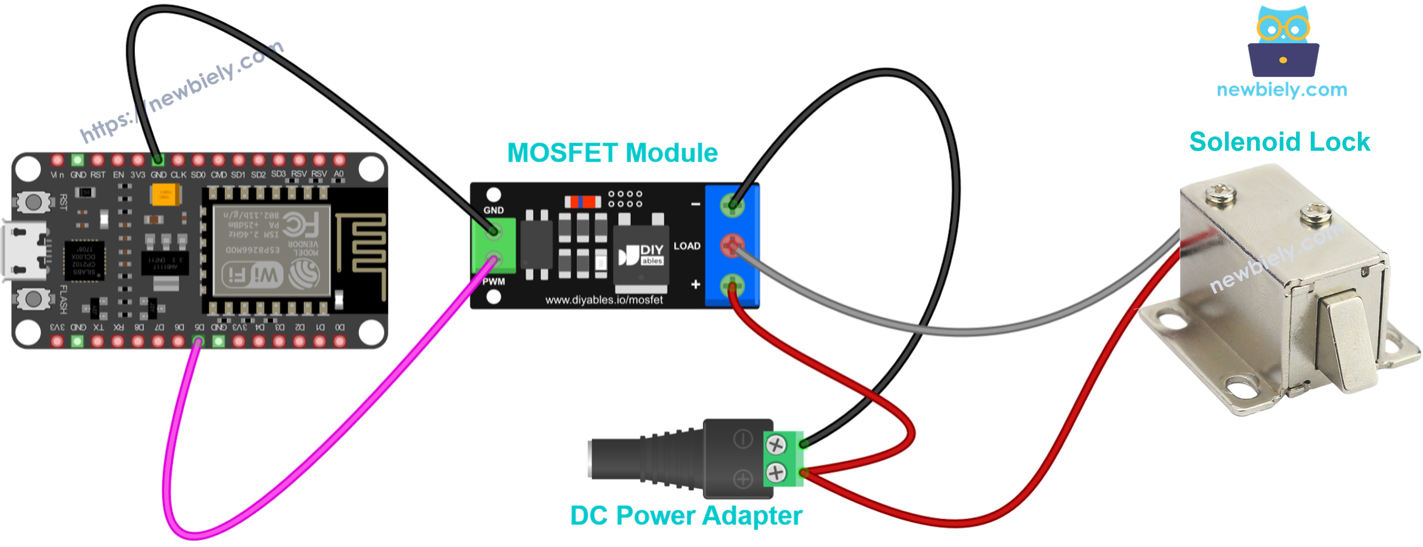 Diagrama de ligação do módulo MOSFET com trava solenoide de 12V
