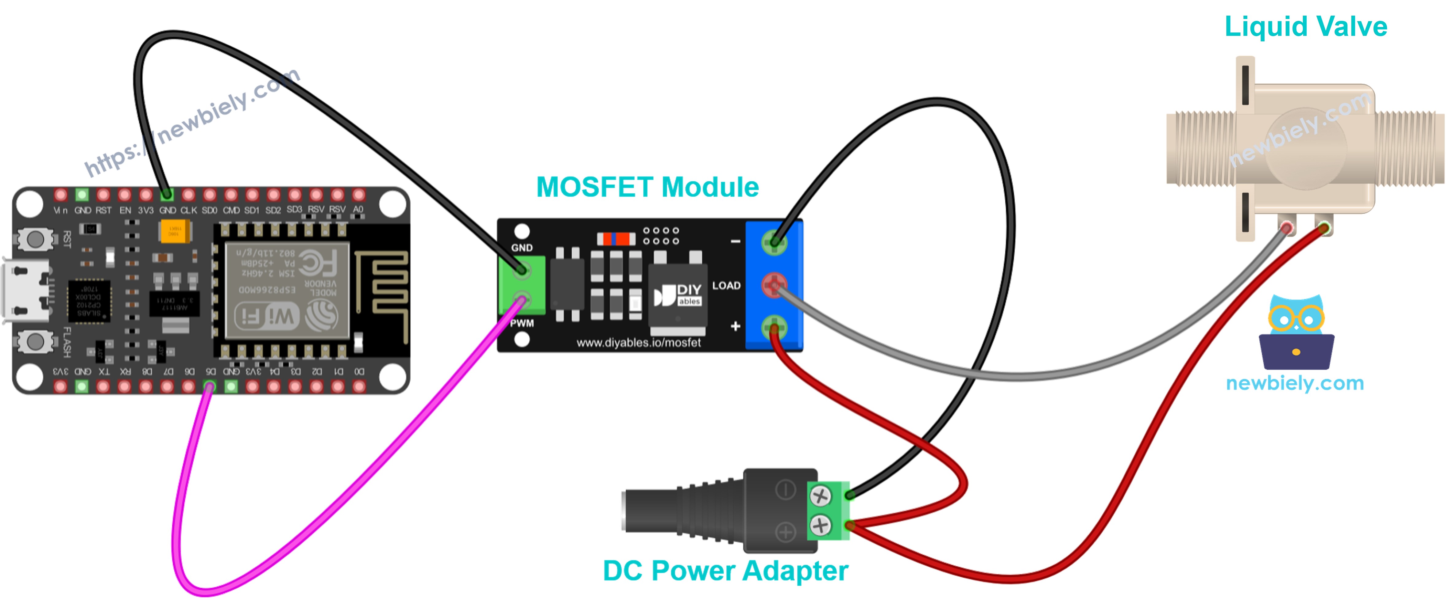 Diagrama de ligação do módulo MOSFET para uma válvula solenoide de 12V normalmente fechada