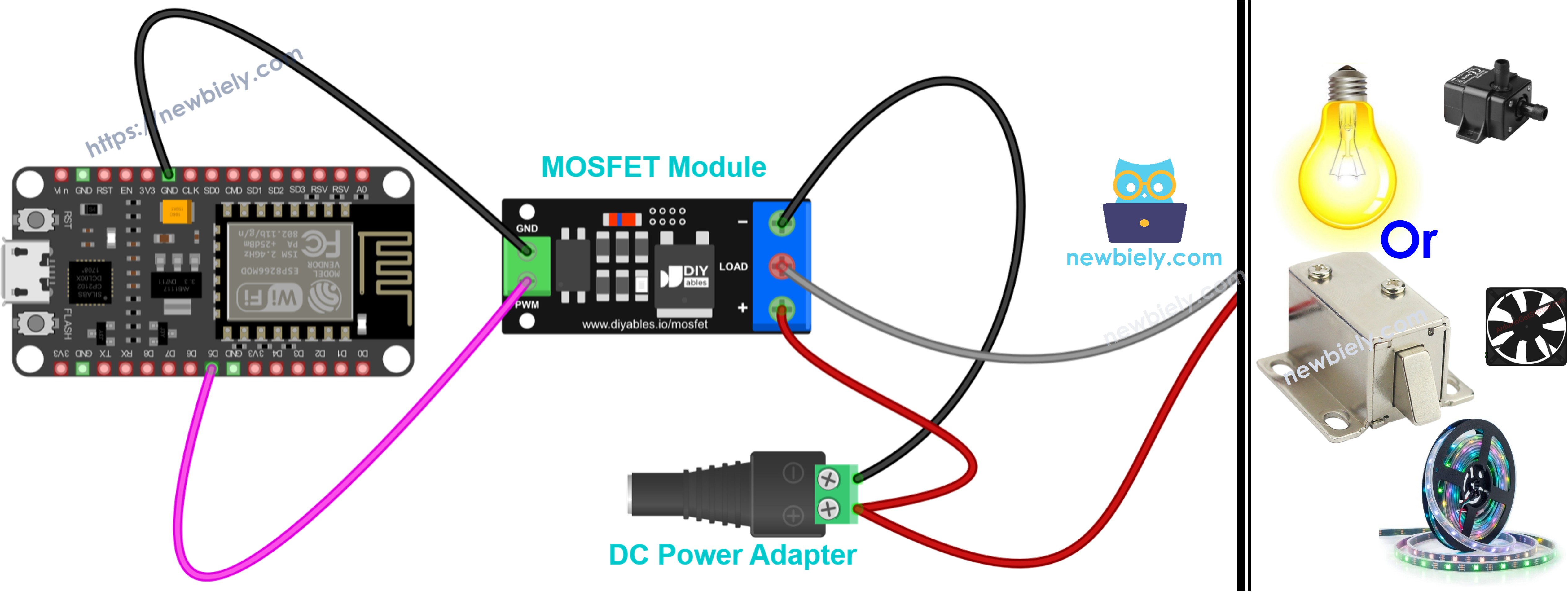 Diagrama de ligação do ESP8266 NodeMCU NodeMCU com módulo MOSFET AOD4184, LR7843 ou FR120N