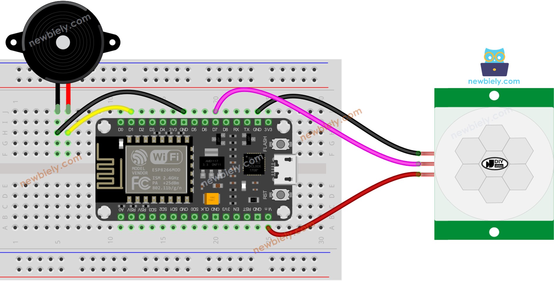 The wiring diagram between ESP8266 NodeMCU and Motion Sensor Piezo Buzzer