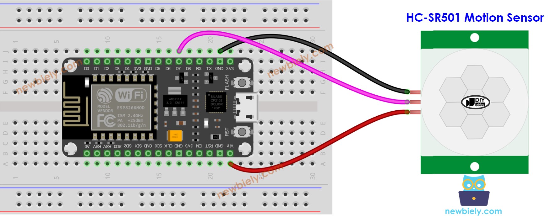 The wiring diagram between ESP8266 NodeMCU and Motion Sensor