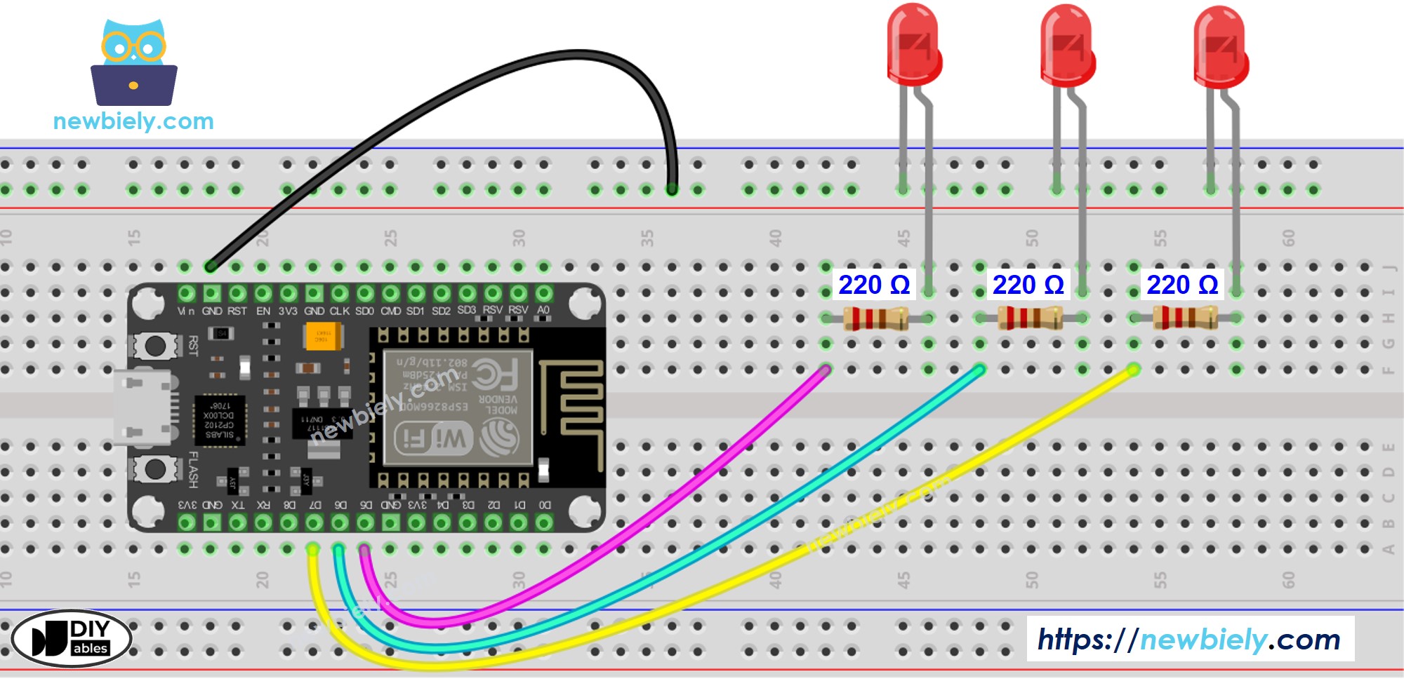 Diagrama de ligação de vários LEDs com ESP8266 NodeMCU