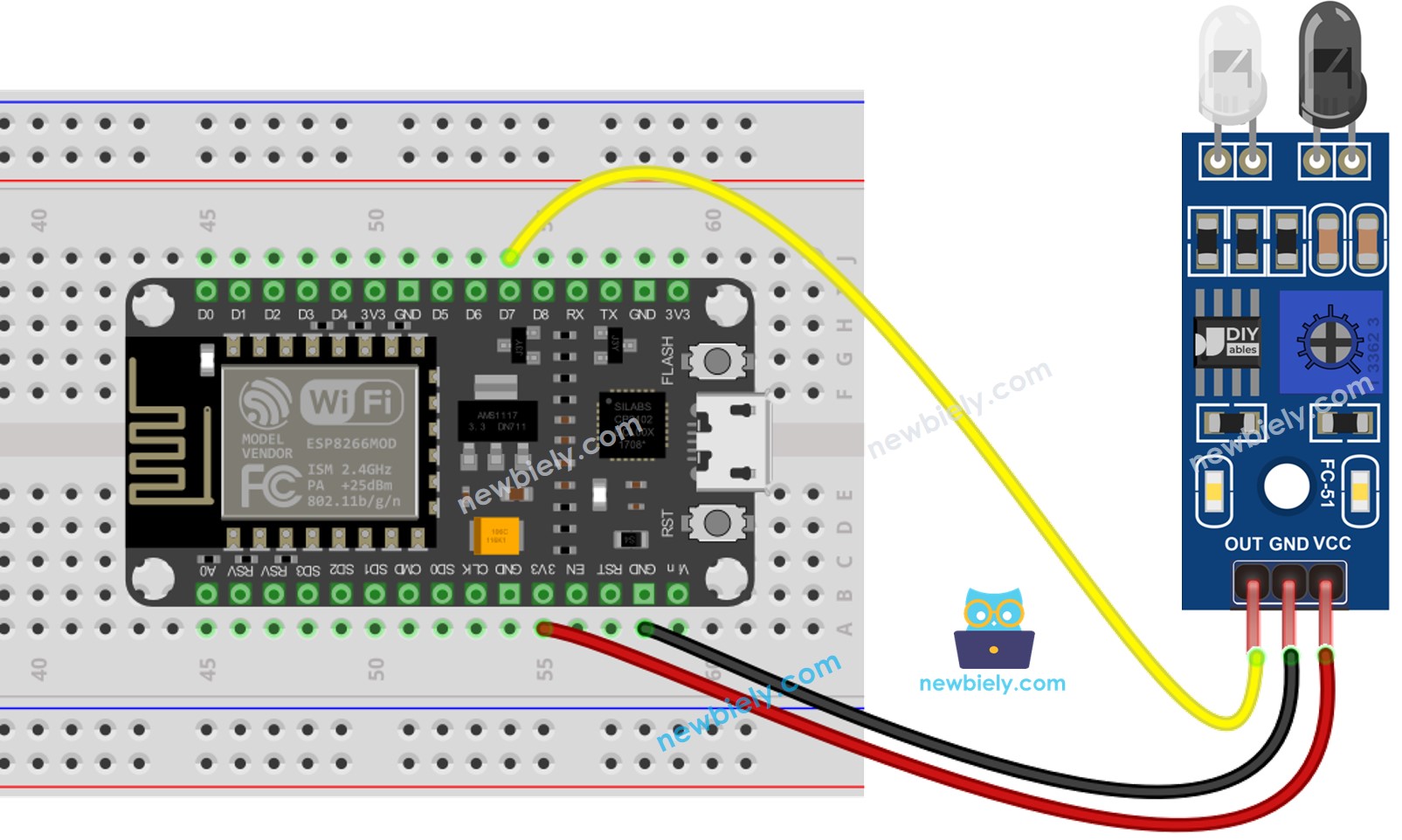 Diagrama de ligação do sensor IR de desvio de obstáculos com ESP8266 NodeMCU