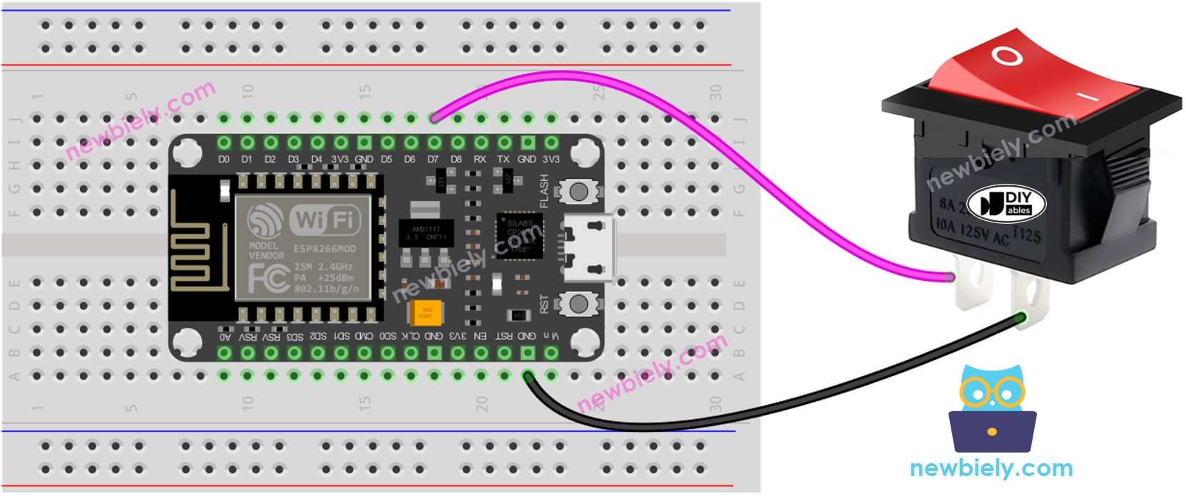 Diagrama de ligação da chave ON/OFF com ESP8266 NodeMCU