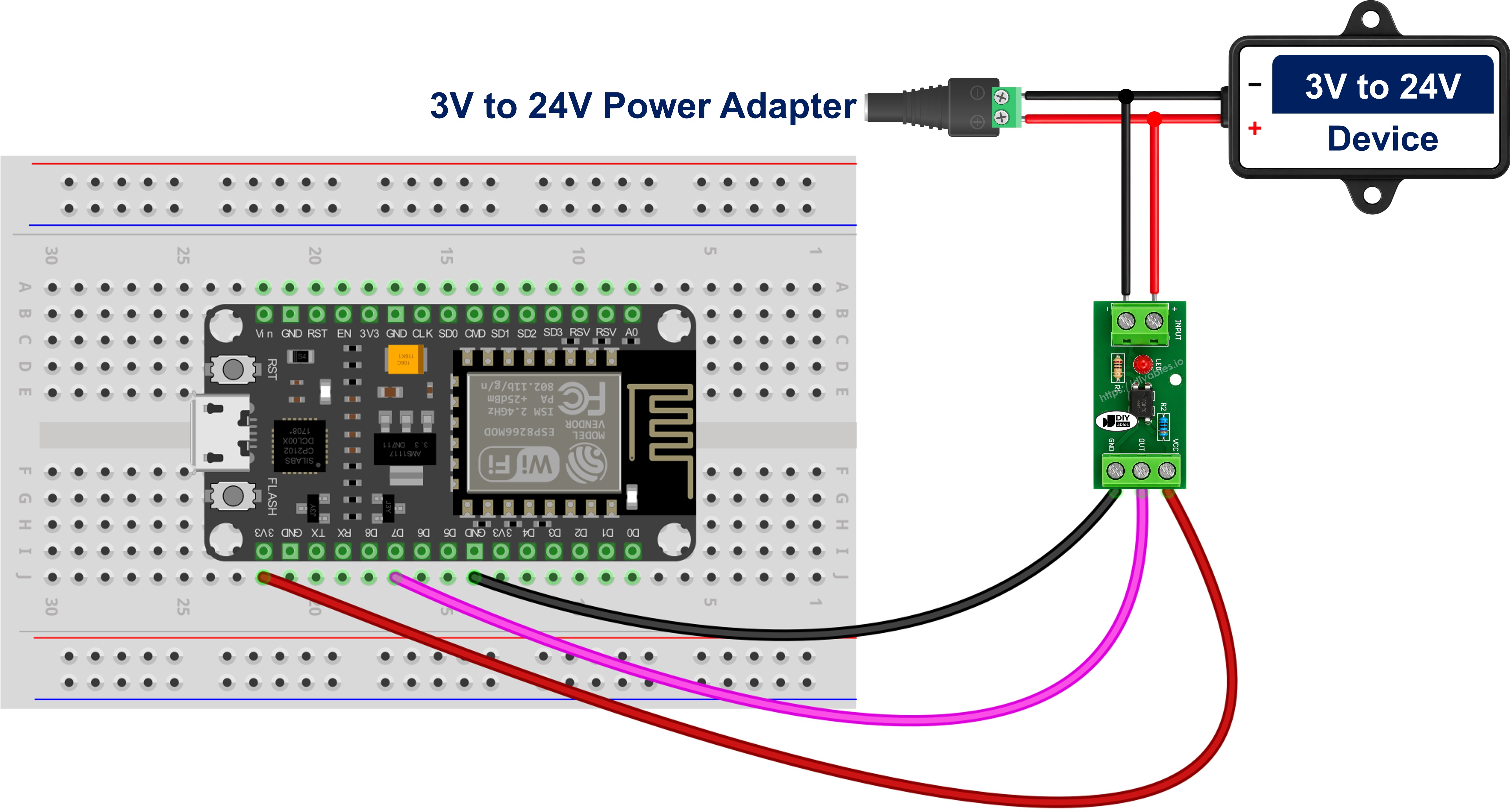 Diagrama de ligação do ESP8266 NodeMCU com módulo de isolação com optoacoplador PC817