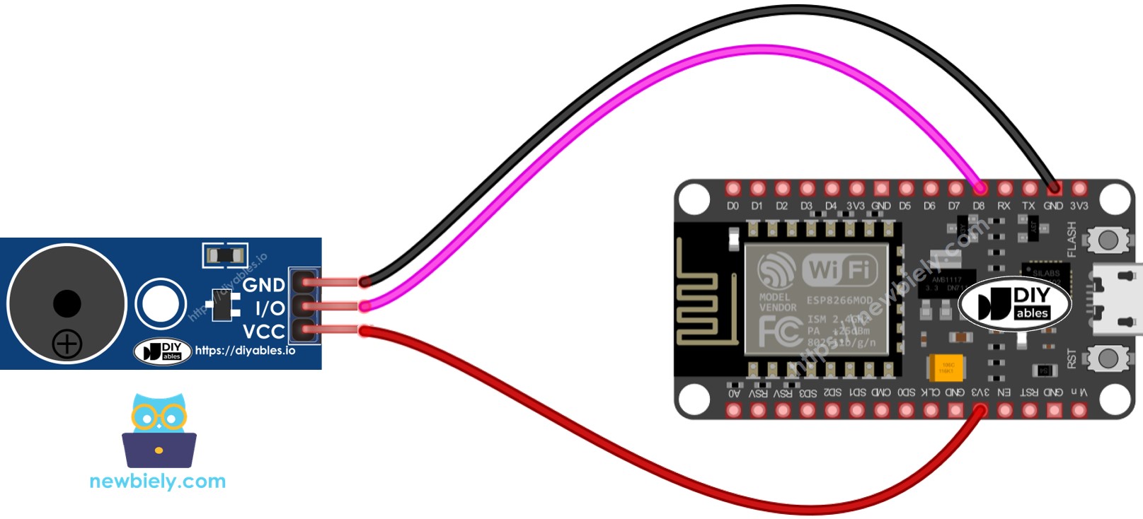 Diagrama de ligação do ESP8266 NodeMCU com módulo piezo buzzer