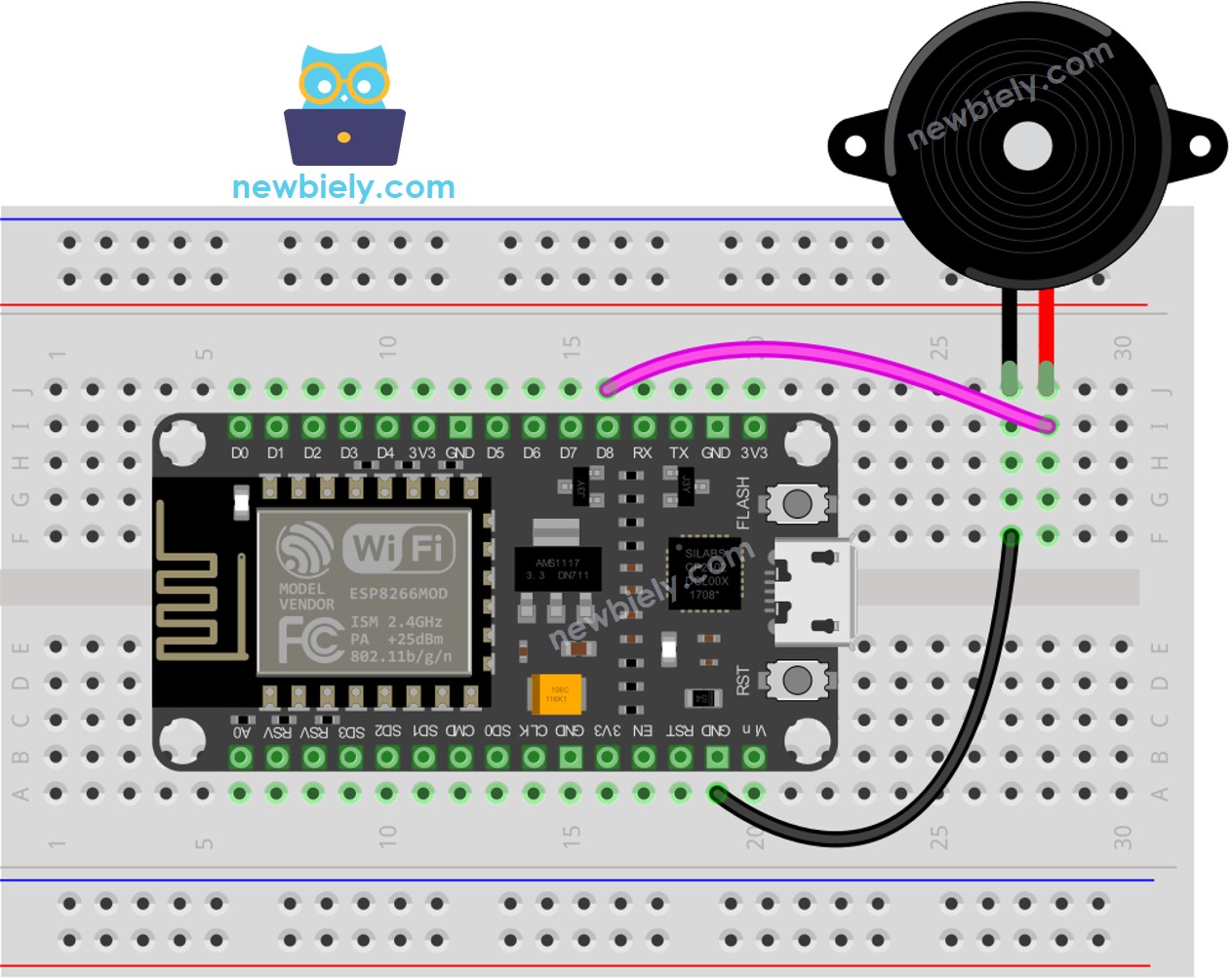 Diagrama de ligação do ESP8266 NodeMCU com piezo buzzer