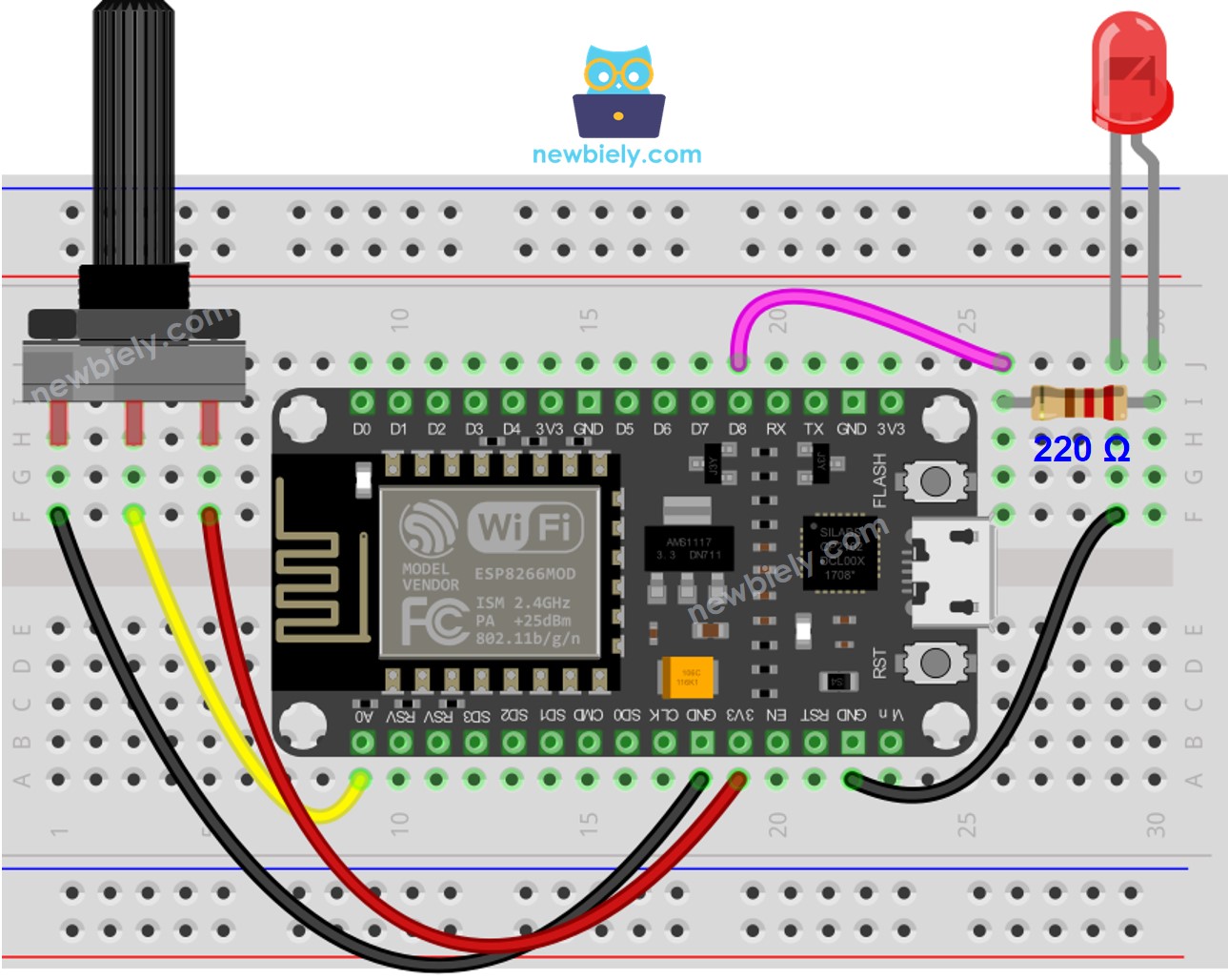 Diagrama de ligação do ESP8266 NodeMCU com potenciômetro e LED