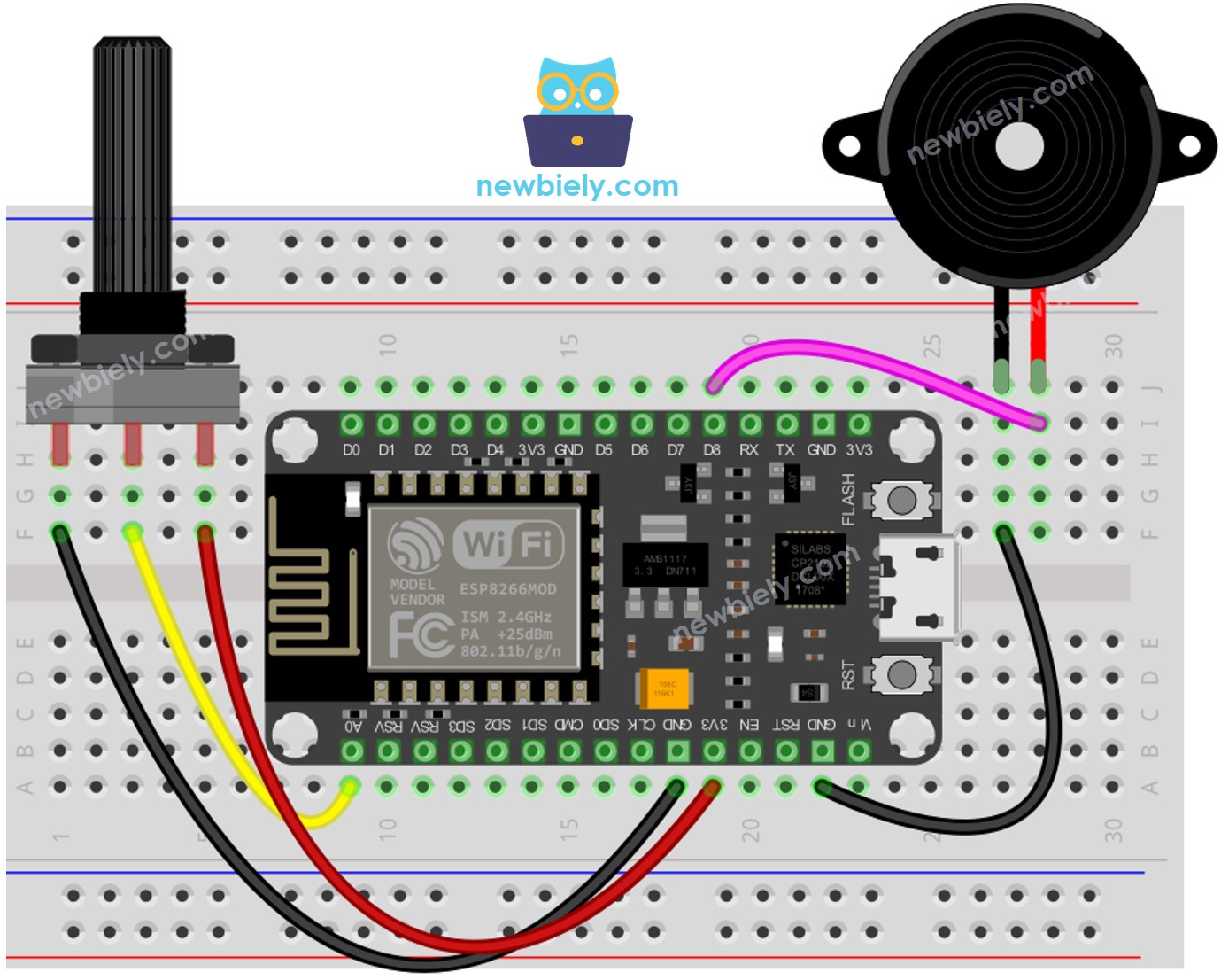 Diagrama de ligação do ESP8266 NodeMCU com potenciômetro e piezo buzzer
