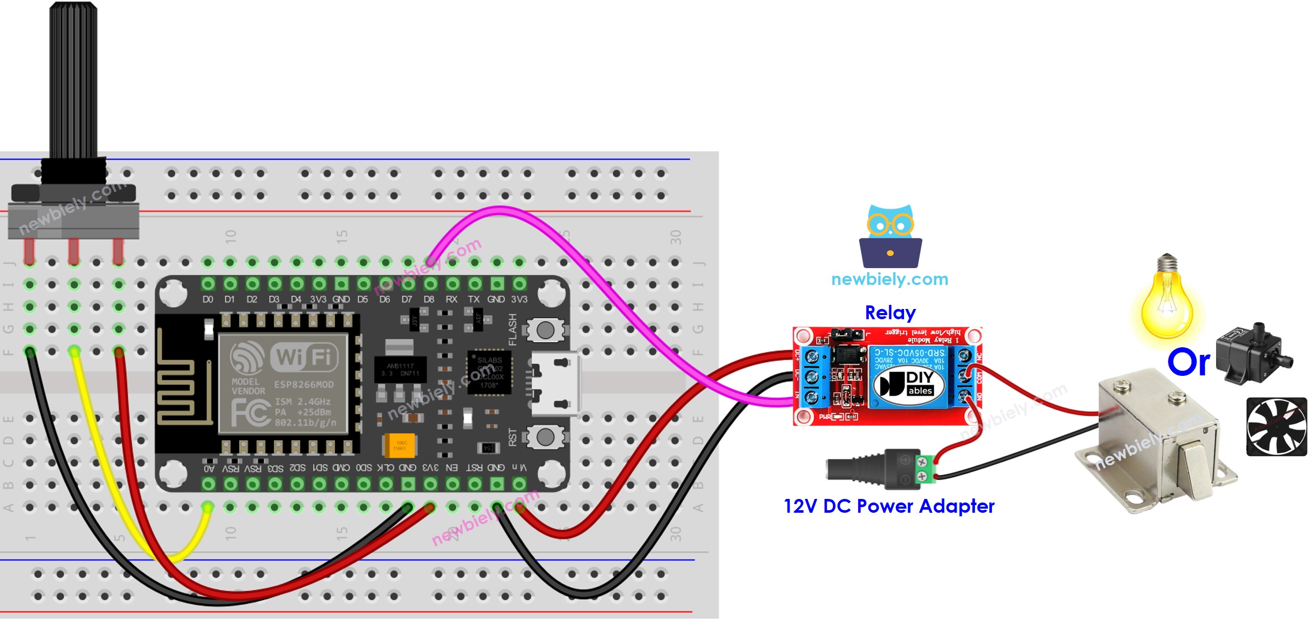 Diagrama de ligação do ESP8266 NodeMCU com potenciômetro e relé