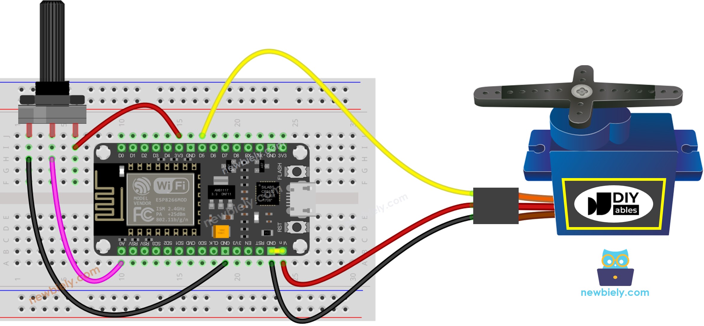 Diagrama de ligação do ESP8266 NodeMCU com servo motor e potenciômetro