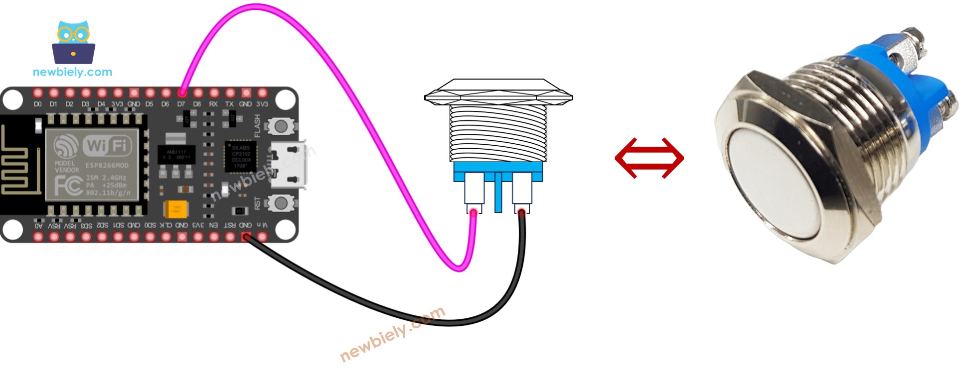 Diagrama de ligação do botão de pressão de dois pinos com ESP8266 NodeMCU