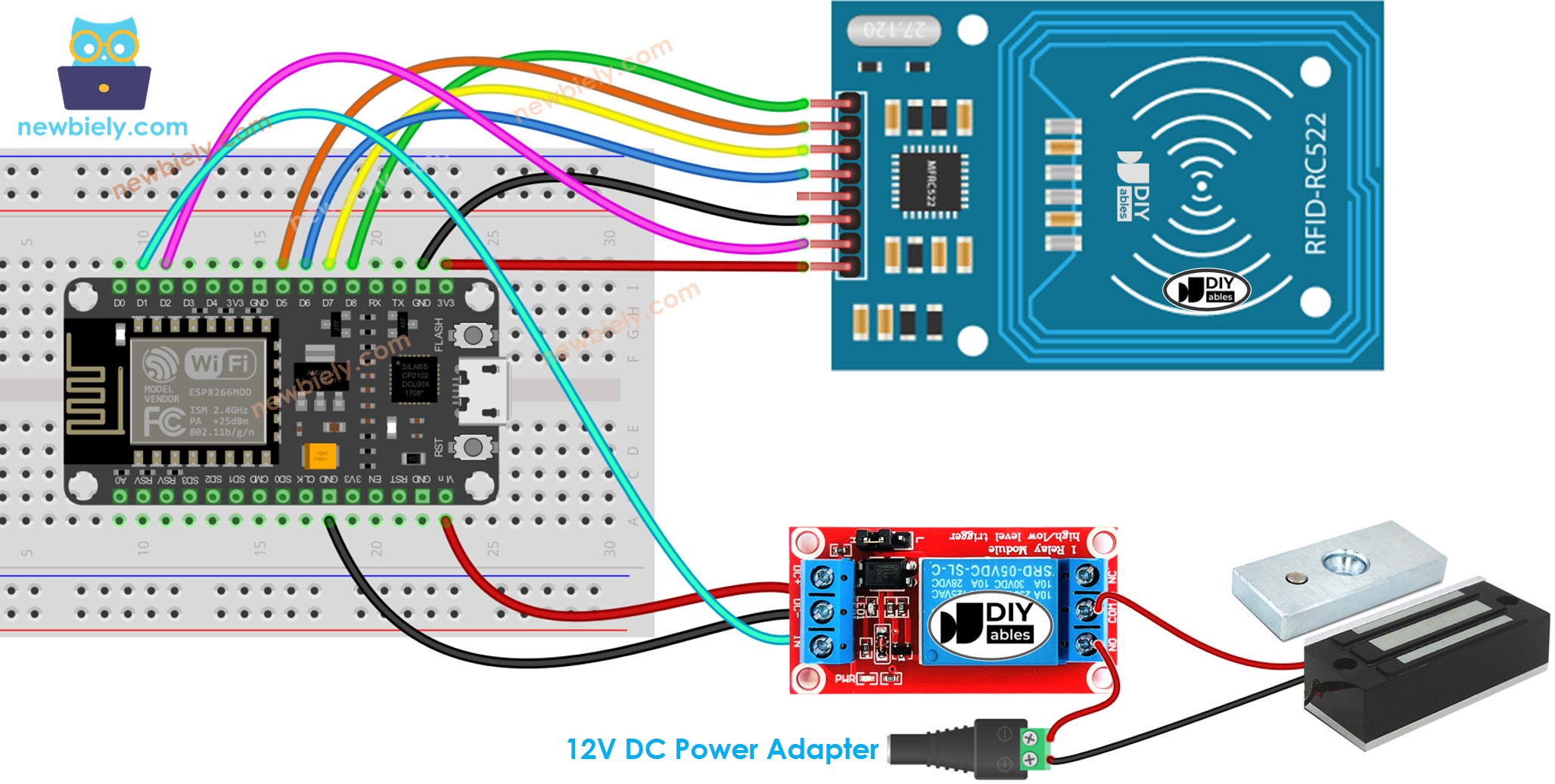 diagrama de ligação do sistema de fechadura de porta ESP8266 NodeMCU RFID RC522