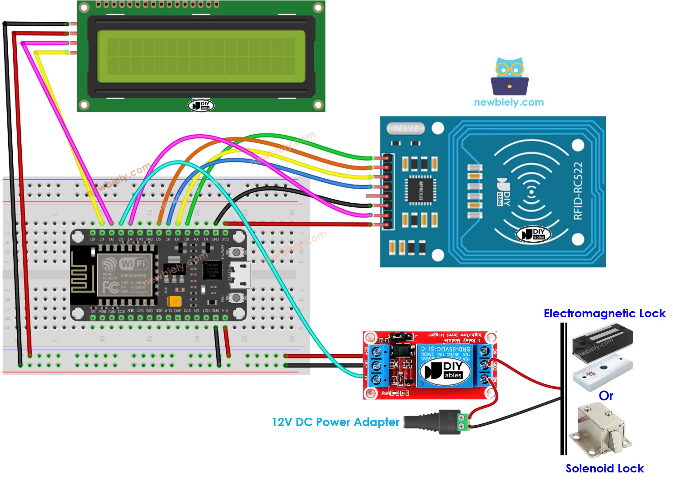 diagrama de ligação do ESP8266 NodeMCU com fechadura de porta RFID RC522 e LCD