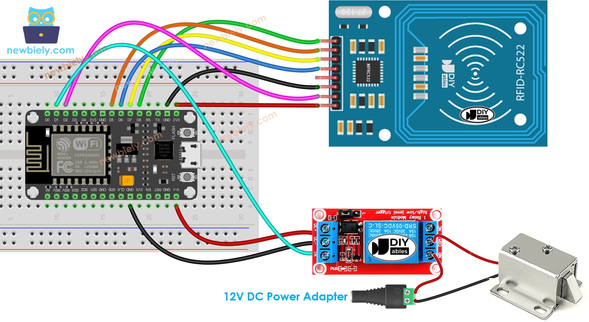 diagrama de ligação do ESP8266 NodeMCU com porta RFID RC522 e trava solenoide
