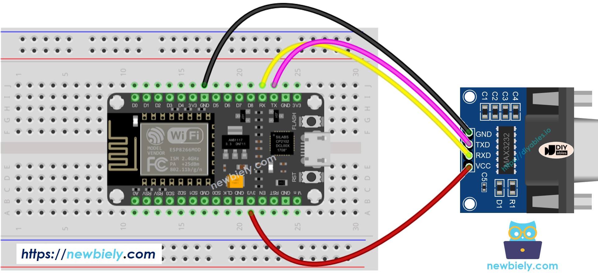 Diagrama de ligação do ESP8266 NodeMCU com TTL para RS232