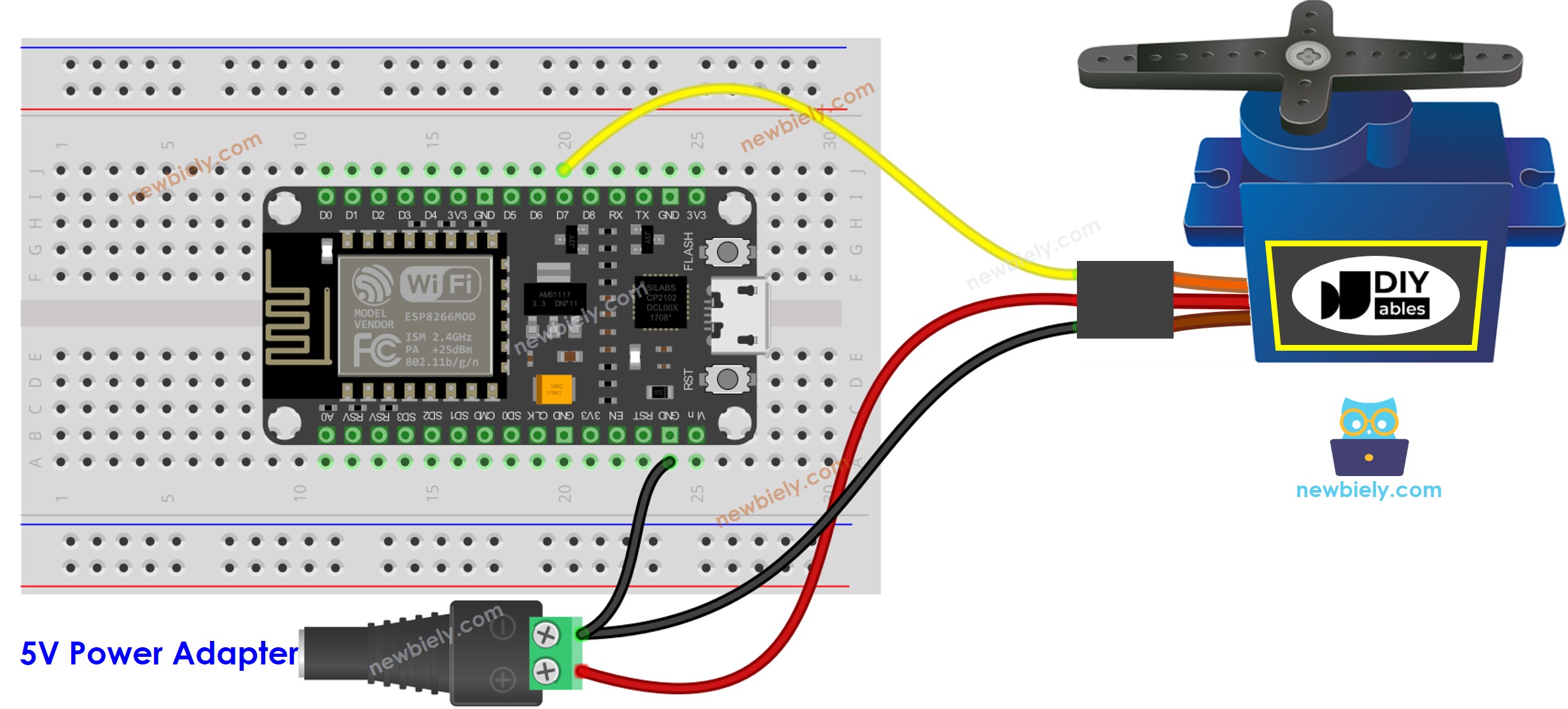 Diagrama de ligação do ESP8266 NodeMCU com servo motor e fonte de alimentação externa