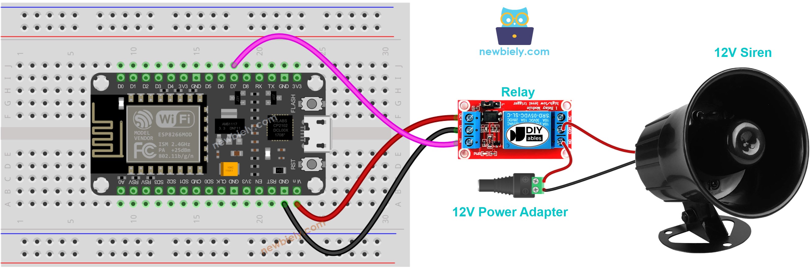 The wiring diagram between ESP8266 NodeMCU and 12V siren