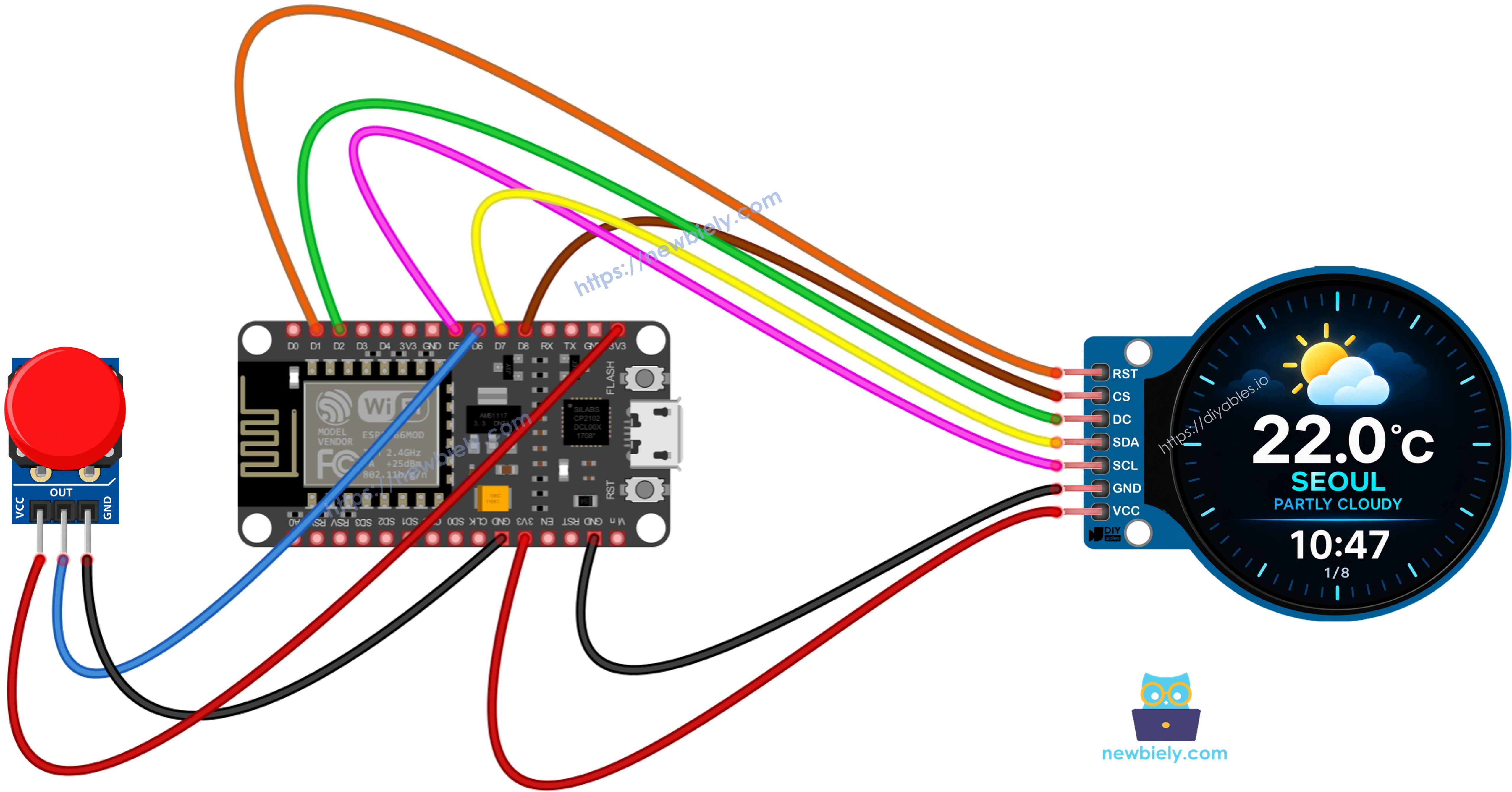Diagrama de ligação da estação meteorológica inteligente com ESP8266 NodeMCU e módulo de botão