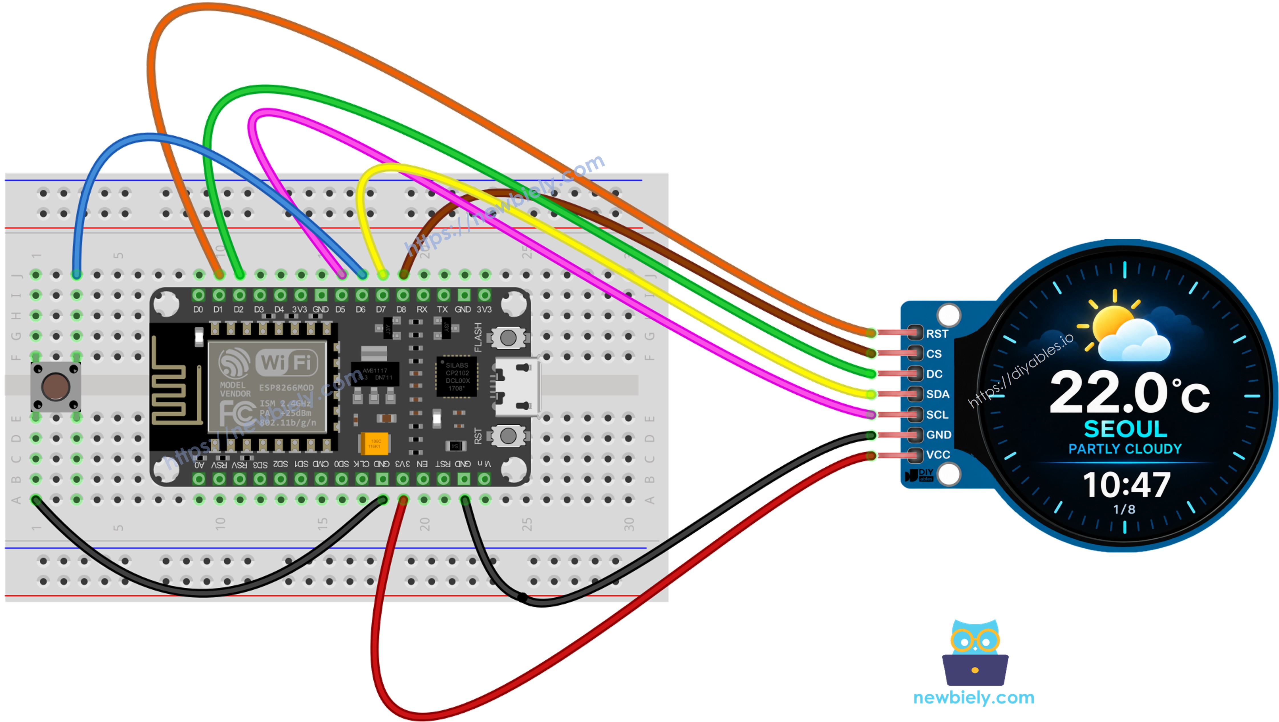 Diagrama de ligação da estação meteorológica inteligente com ESP8266 NodeMCU e botão de pressão