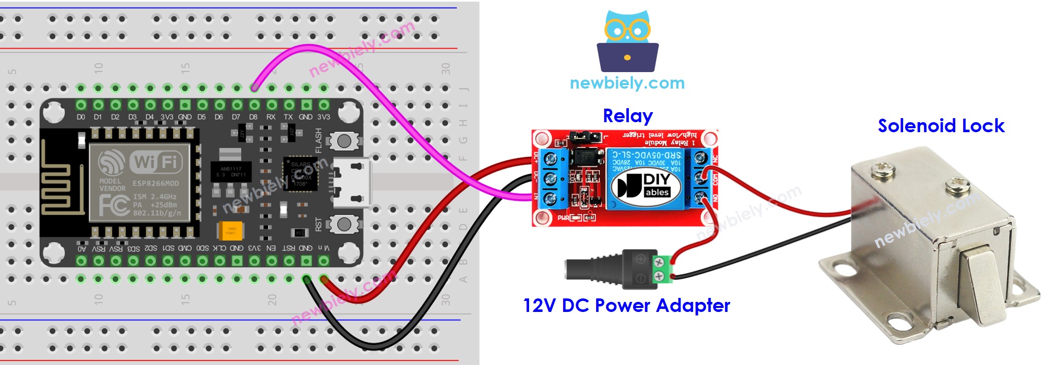 Diagrama de ligação do ESP8266 NodeMCU com trava solenoide