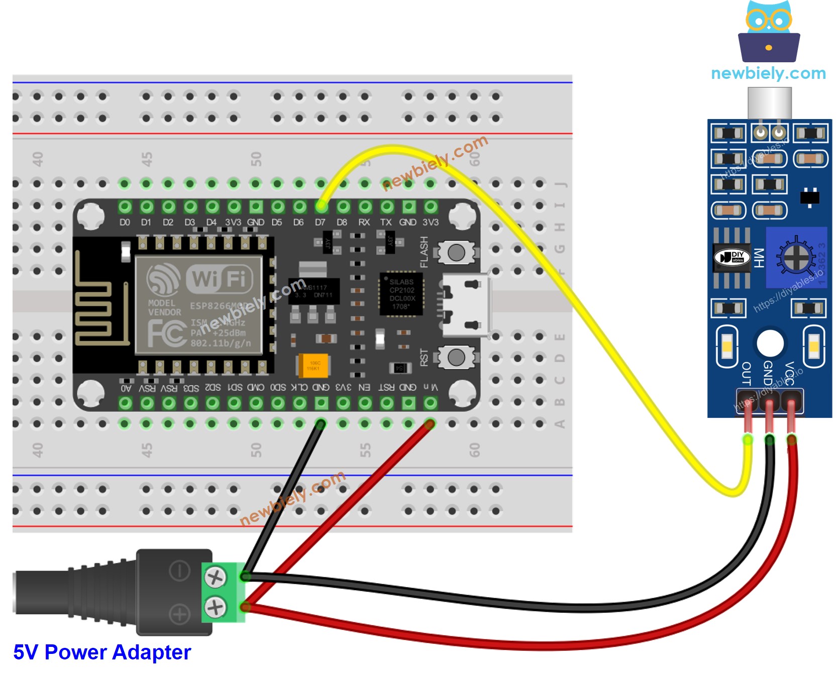 Diagrama de Ligação do Sensor de Som com ESP8266 NodeMCU via Vin