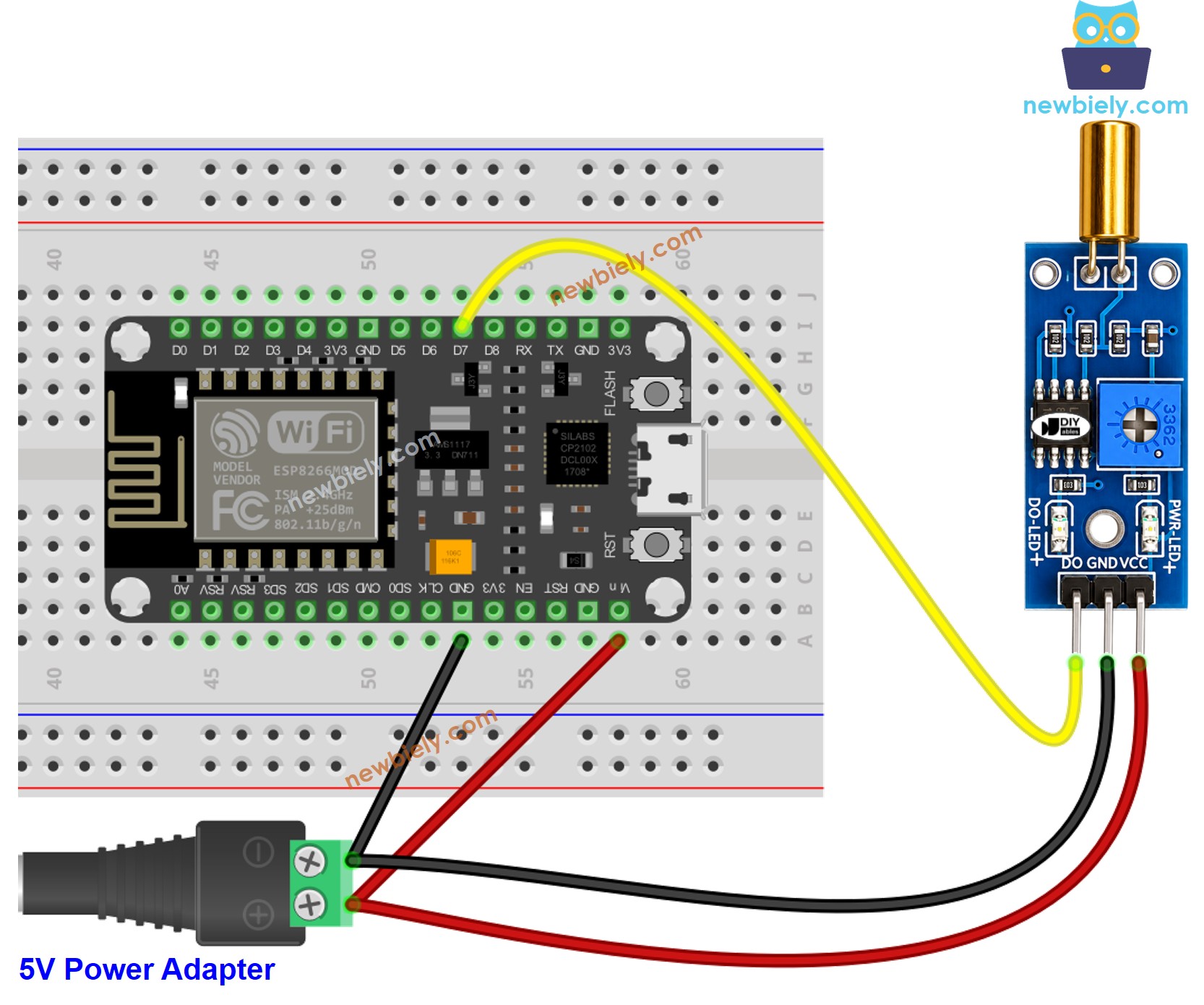 Diagrama de Ligação do Sensor de Inclinação SW520D com ESP8266 NodeMCU via Vin