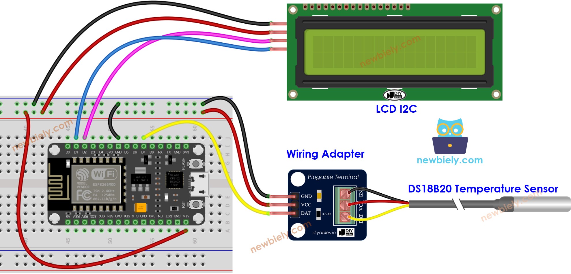 Diagrama de ligação do sensor de temperatura e LCD com ESP8266 NodeMCU