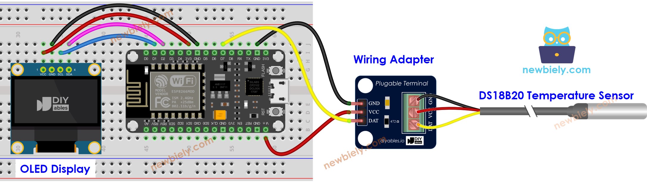 Diagrama de ligação do sensor de temperatura DS18B20 e OLED com ESP8266 NodeMCU