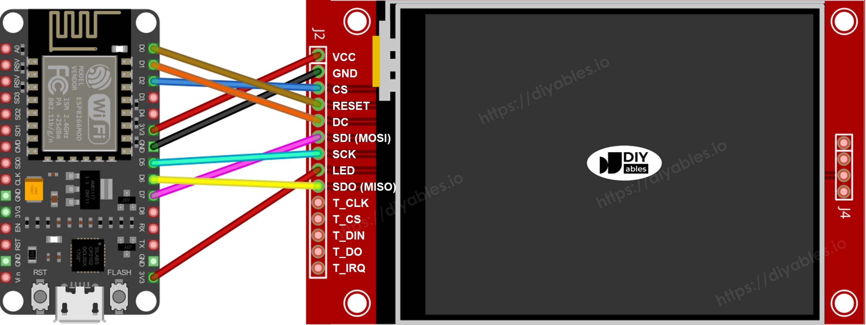 Diagrama de ligação do display TFT SPI com ESP8266 NodeMCU sem touch