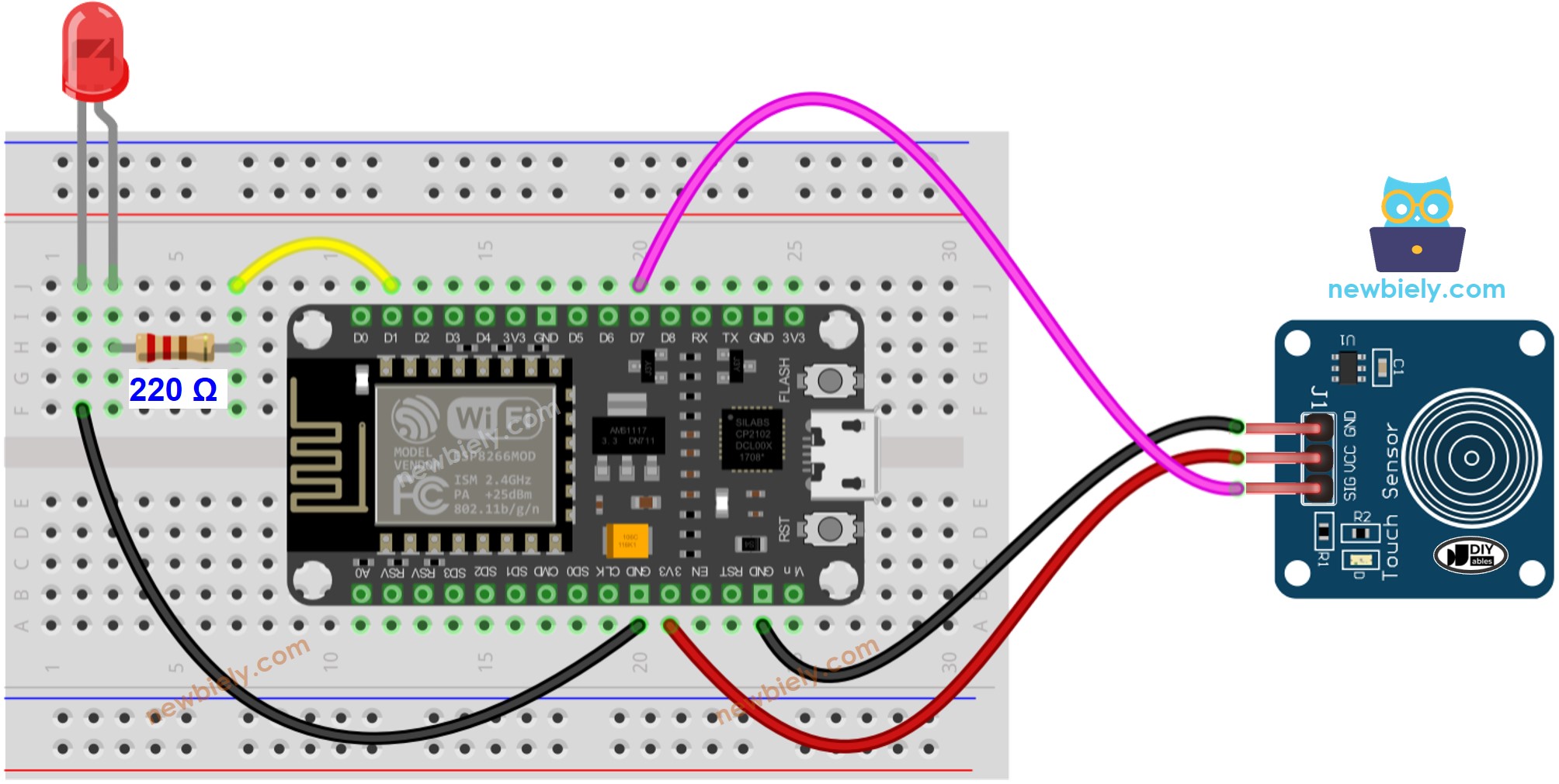ESP8266 NodeMCU Sensor de Toque LED diagrama de ligação