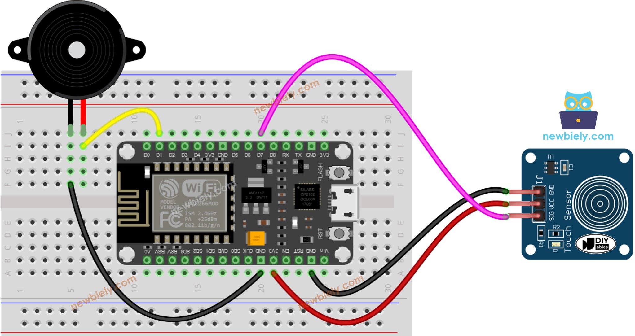 Diagrama de ligação do ESP8266 NodeMCU com sensor de toque e piezo buzzer