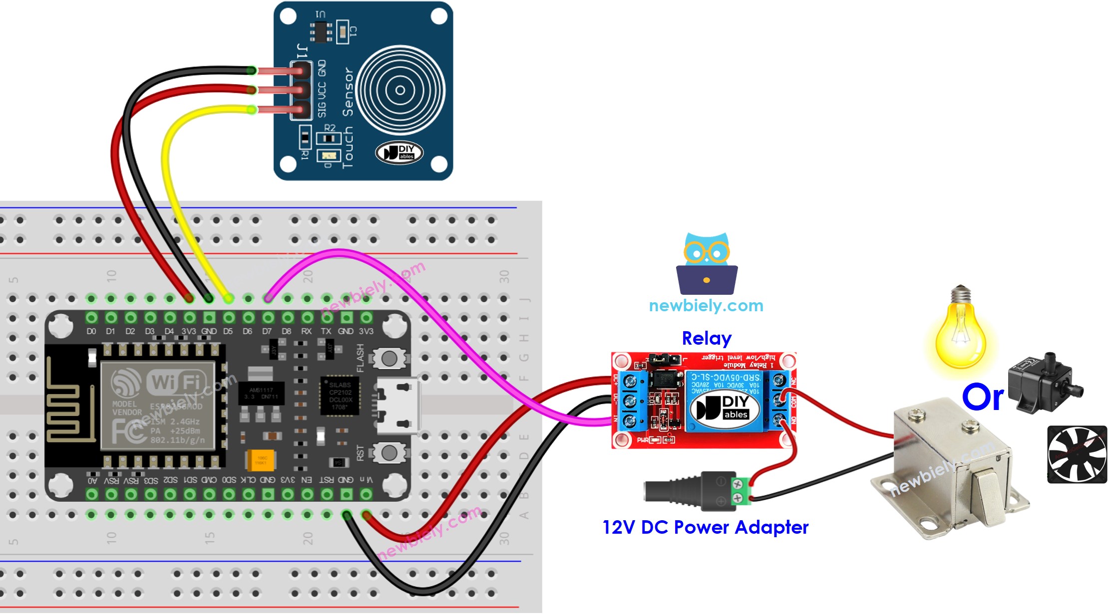 Diagrama de ligação do ESP8266 NodeMCU com sensor de toque e relé