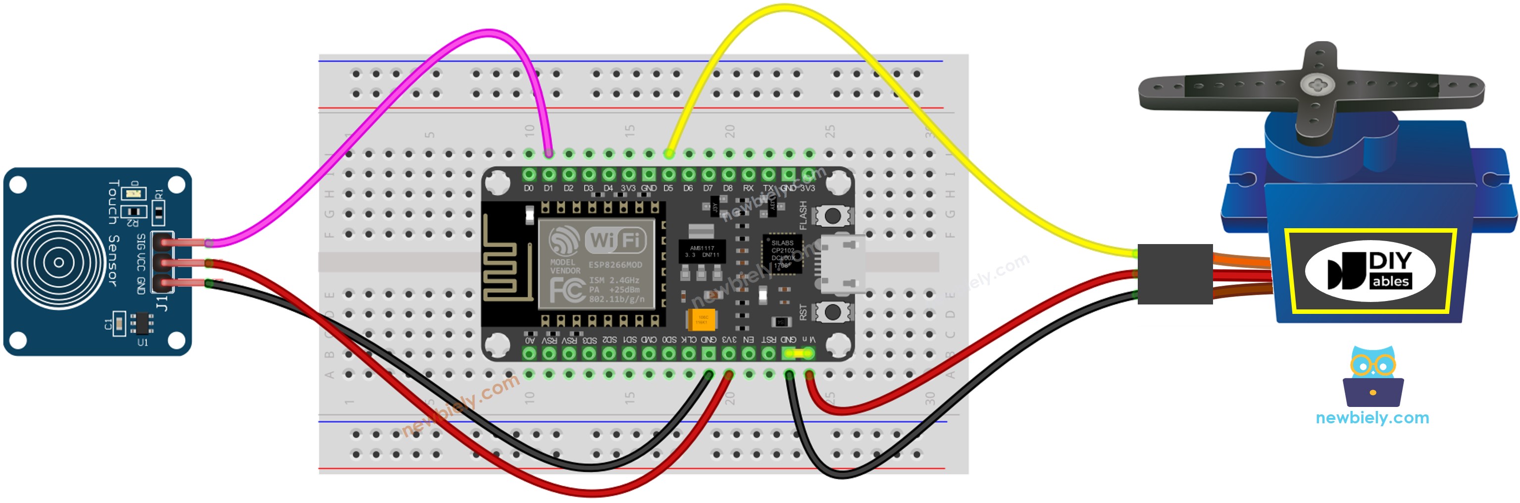 Diagrama de ligação do ESP8266 NodeMCU com sensor de toque e servo motor