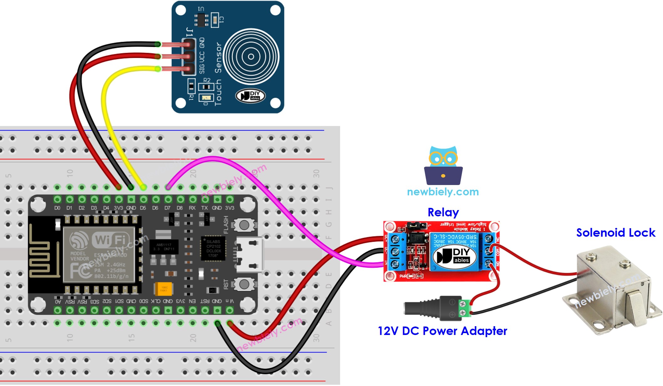 Diagrama de ligação do ESP8266 NodeMCU com sensor de toque e trava solenoide