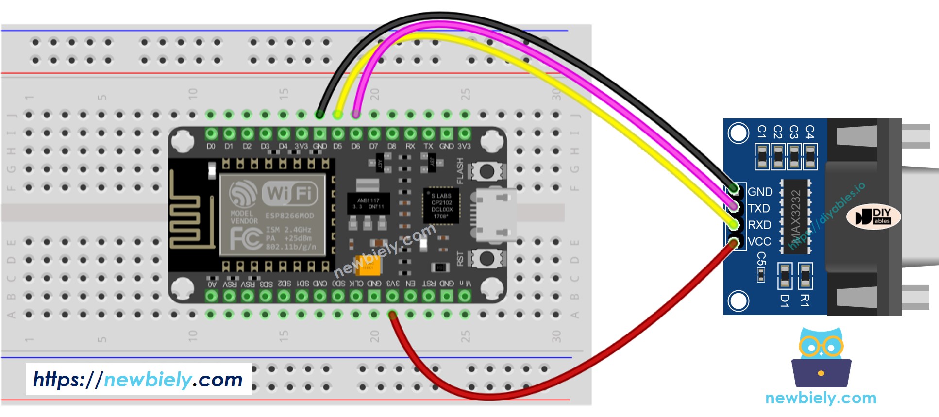 Diagrama de ligação do ESP8266 NodeMCU com RS232 para TTL